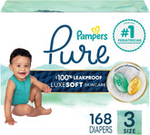 Pampers Pure Baby Diapers, Size 3 (16-28 lbs), 168, Up to 100% Leakproof, Premium Hypoallergenic Soft Diapers