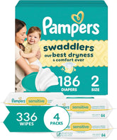 Diapers Size 2, 186 Count and Baby Wipes - Pampers Swaddlers Disposable Baby Diapers and Water Baby Wipes Sensitive Pop-Top Packs, 336 Count (Packaging May Vary)