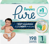 Pampers Pure Baby Diapers, Size 1 (8-14 lbs), 198, Up to 100% Leakproof, Premium Hypoallergenic Soft Diapers