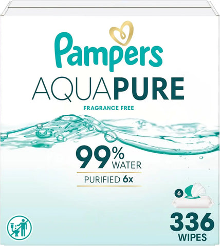 Pampers Aqua Pure Baby Wipes, 99% Water, Fragrance Free, Unscented, Water Based, Multi-Use, 336 Wipes Total (6X Flip-Top Packs) [Packaging May Vary]