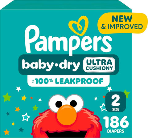 Pampers Diapers - Baby Dry - Size 2, 186 Count, Absorbent Disposable Infant Diaper (Packaging May Vary)