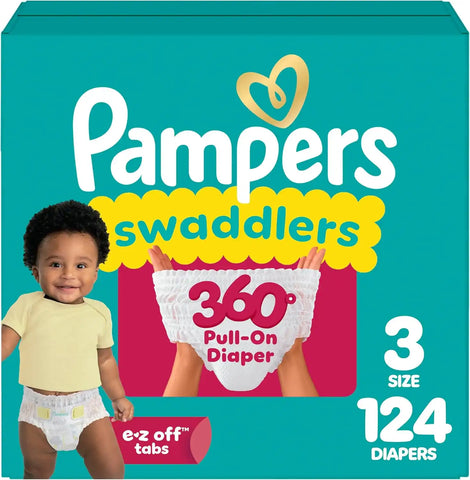 Pampers Diapers - Swaddlers 360° - Size 3, 124 Count, up to 100% Leakproof Comfy Dry Fit, Designed for Easy Changes, Pull On Baby Diaper (Packaging May Vary)