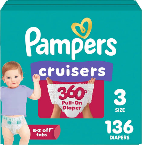 Pampers Diapers - Cruisers 360 - Size 3, 136 Count, Babyproof up to 100% Leakproof Pull-On Diaper