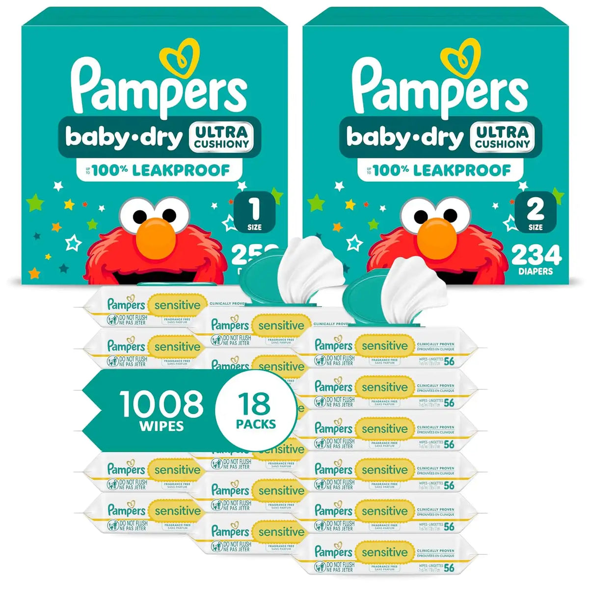 Pampers Baby Dry Disposable Baby Diapers Starter Kit (2 Month Supply), Sizes 1 (252 Count) & 2 (234 Count) & Sensitive Water Based Baby Wipes 12X Flip-Top Packs (1008 Count) [Packaging May Vary]