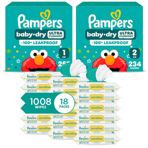 Pampers Baby Dry Disposable Baby Diapers Starter Kit (2 Month Supply), Sizes 1 (252 Count) & 2 (234 Count) & Sensitive Water Based Baby Wipes 12X Flip-Top Packs (1008 Count) [Packaging May Vary]