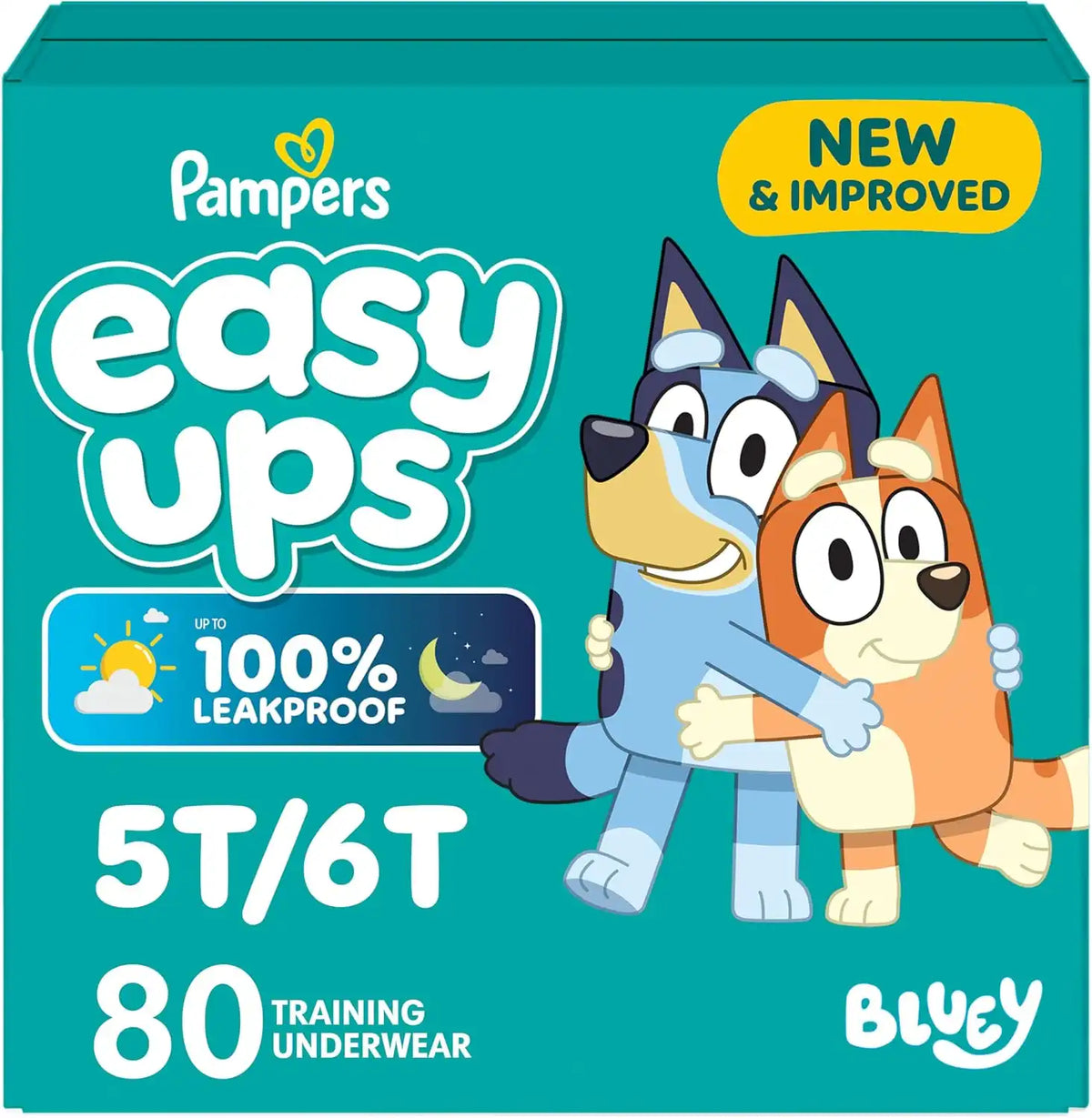 Easy Ups Girls & Boys Potty Training Pants, Size 7 (5T6T), 80 Count, Bluey Absorbent Training Underwear, Up to 100% Leakproof Day and Night, Hypoallergenic (Packaging May Vary)