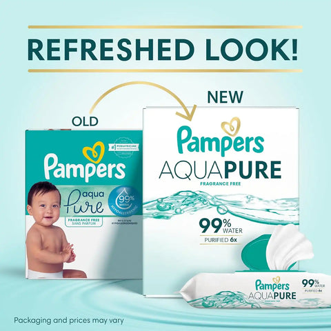 Pampers Aqua Pure Baby Wipes, 99% Water, Fragrance Free, Unscented, Water Based, Multi-Use, 112 Wipes Total (2X Flip-Top Packs) [Packaging May Vary]