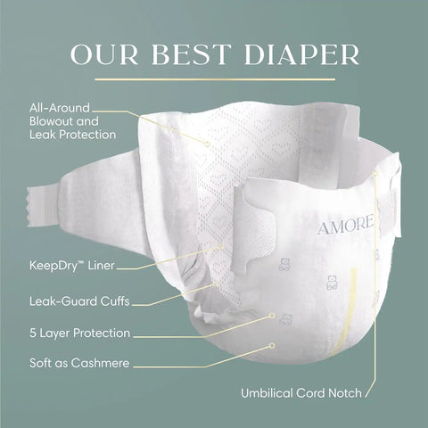Pampers Amore, Size 0 (up to 10 lbs), 76 Count, Our Best Diaper – Hypoallergenic & Fragrance Free, Up to 100% Leakproof, Soft as Cashmere
