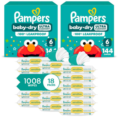 Pampers Baby Dry Disposable Baby Diapers Size 6, 2 Month Supply (2 x 144 Count) with Sensitive Water Based Baby Wipes 12X Multi Pack Pop-Top and Refill (1008 Count) [Packaging May Vary]