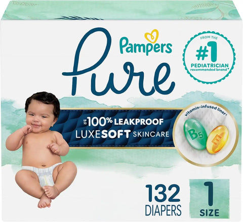 Pampers Pure Baby Diapers, Size 1 (8-14 lbs), 132, Up to 100% Leakproof, Premium Hypoallergenic Soft Diapers