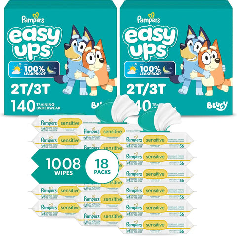 Pampers Easy Ups Pull On Training Pants Boys, 2T-3T, 2 Month Supply (2 x 140 Count) with Sensitive Water Based Baby Wipes 12X Multi Pack Pop-Top and Refill (1008 Count)