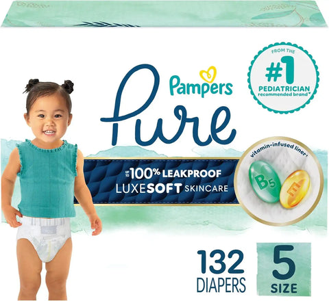 Pampers Pure Baby Diapers, Size 5 (27+ lbs), 132, Up to 100% Leakproof, Premium Hypoallergenic Soft Diapers