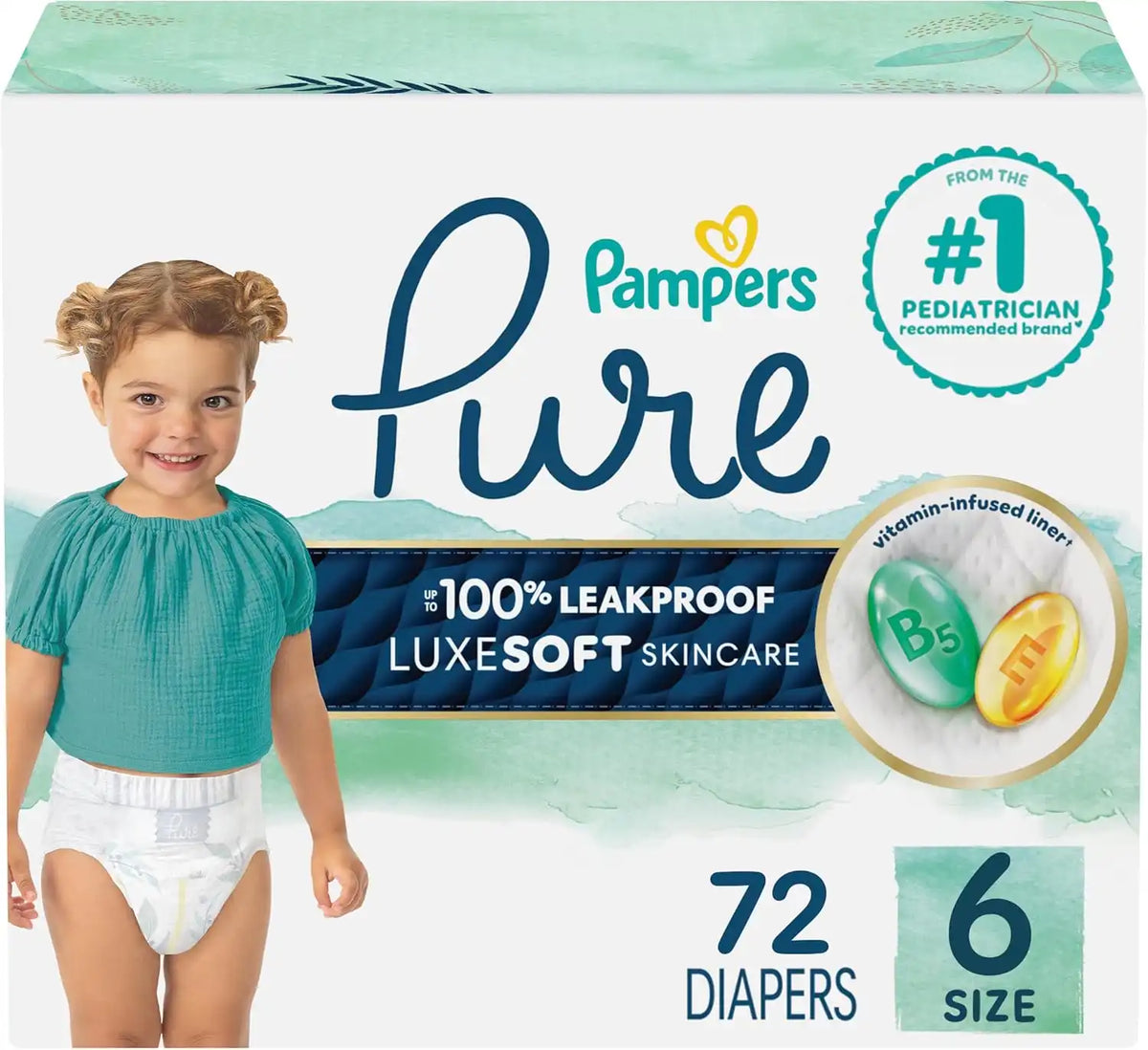 Pampers Pure Baby Diapers, Size 6 (35+ lbs), 72, Up to 100% Leakproof, Premium Hypoallergenic Soft Diapers