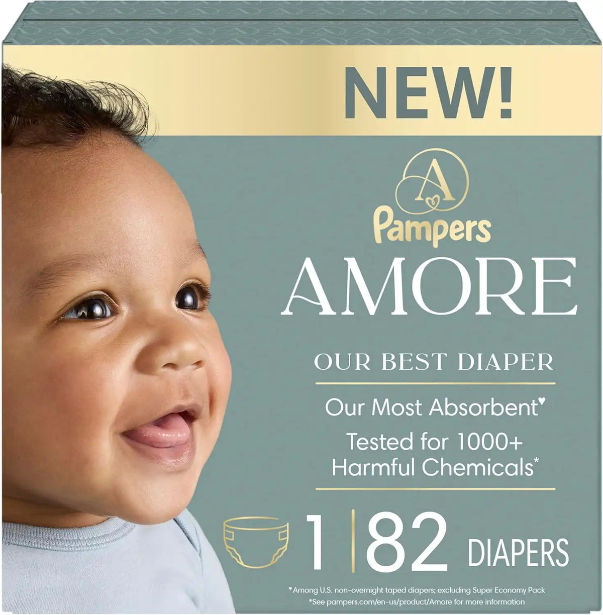 Pampers Amore, Size 1 (8-14 lbs), 82 Count, Our Best Diaper – Hypoallergenic & Fragrance Free, Up to 100% Leakproof, Soft as Cashmere