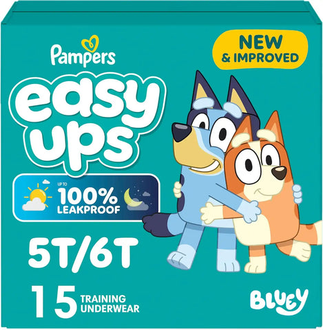 Easy Ups Girls & Boys Potty Training Pants, Size 7 (5T6T), 15 Count, Bluey Absorbent Training Underwear, Up to 100% Leakproof Day and Night, Hypoallergenic (Packaging May Vary)